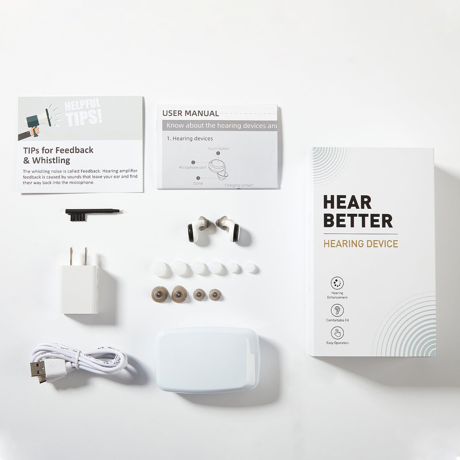 Fisdemo Beau Rechargeable Invisible OTC Hearing Aids with Noise Cancelling for Adults Seniors(pair), 2 in 1 Charging Box with free Charger and Dryer